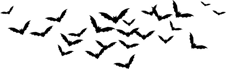Flying Bat Silhouettes in Formation on White Background

