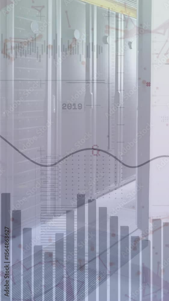 Aufkleber animation of graphs with changing numbers and connected dots over server room
