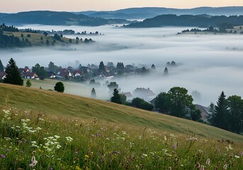 Tranquil Village Hillside Emerging Through Gentle Morning Fog