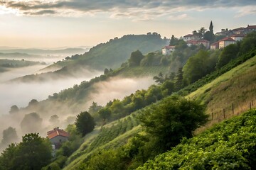 Tranquil Village Hillside Emerging Through Gentle Morning Fog