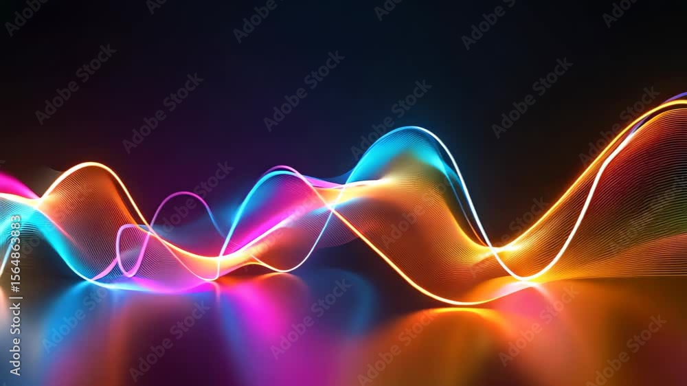 Poster colorful waveforms with light trails on dark background