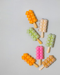 Kaleidoscopic mosaic popsicles, vibrantly dance on canvas, evoking synesthesia joys, hinting Midsummer Frolics, Cactus Festival delights, whimsical cool treats