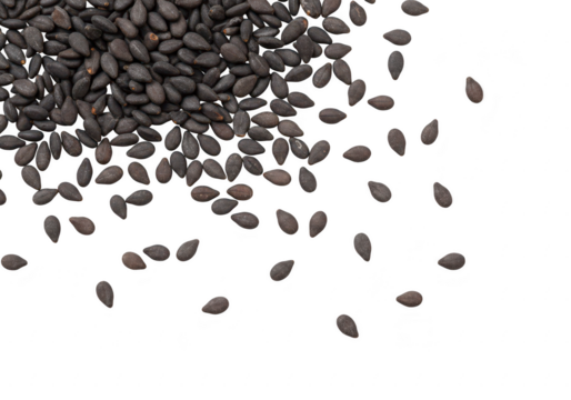 A generous scattering of dark black sesame seeds is isolated on transparent background, creating a visually appealing food texture
