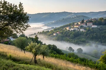 Tranquil Village Hillside Emerging Through Gentle Morning Fog