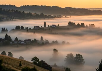 Tranquil Village Hillside Emerging Through Gentle Morning Fog