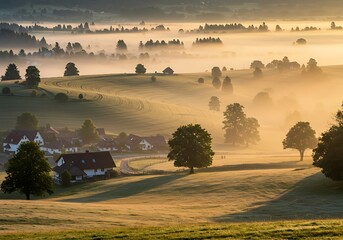 Tranquil Village Hillside Emerging Through Gentle Morning Fog