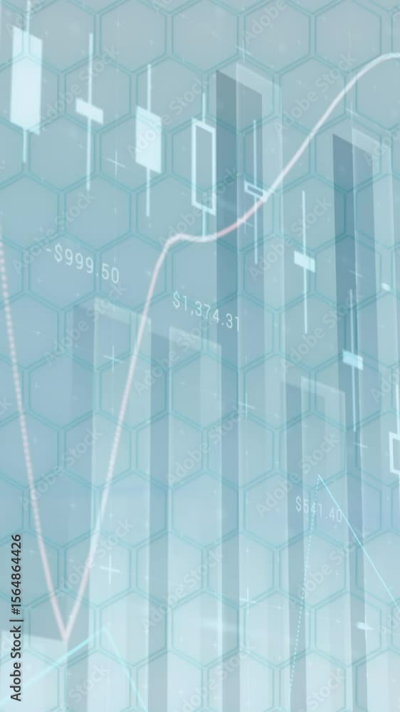 Poster animation of multiple graphs with changing numbers over hexagons against blue background