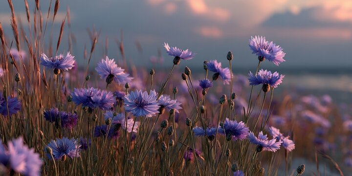 Fototapeta Purple flowers bloom in a golden sunset near a serene lake in late summer