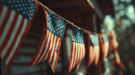 Celebrating Independence Day with vibrant American flag bunting strung outdoors symbolizing freedom with shallow depth