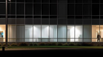 Mysterious figure stands outside office building at night exploring urban solitude