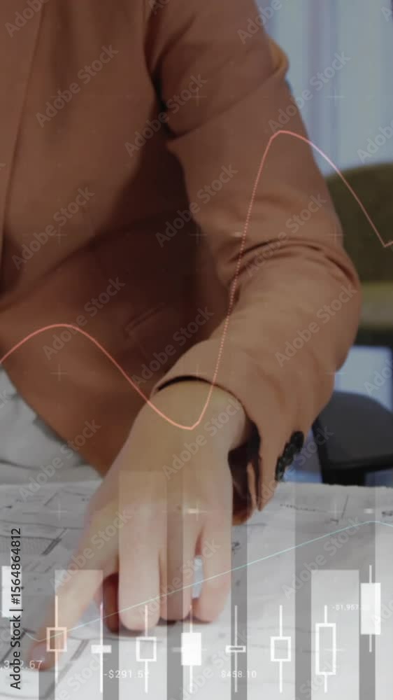Poster animation of graphs with numbers over diverse coworkers discussing blueprint in office