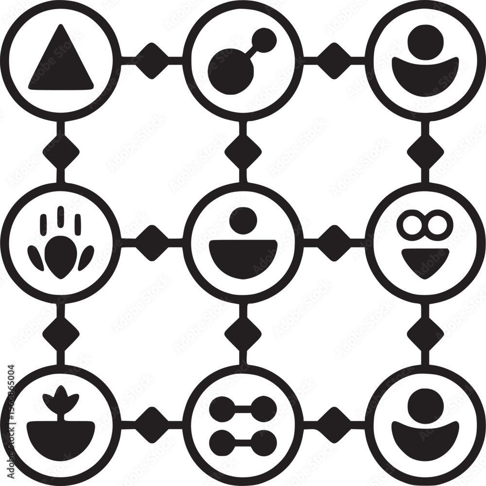 Poster abstract network diagram with connected icons for business and social media strategy concept design 
