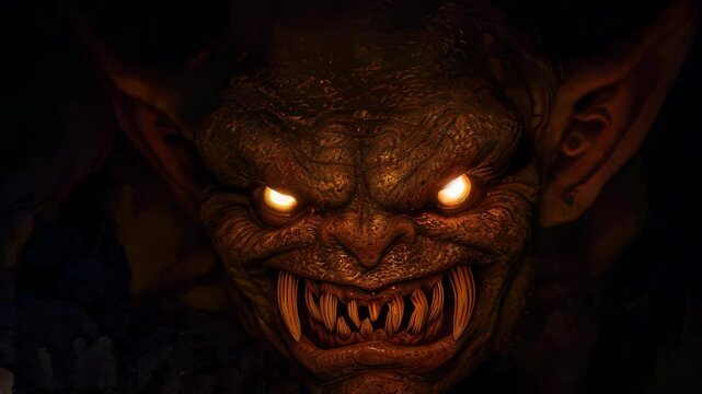 Fiery Creature Emerging from Dark Cave with Sinister Expression