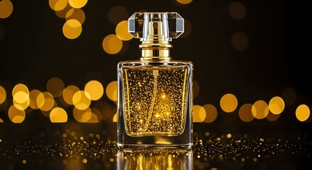 Golden perfume bottle with glittering details against a dark background Radiant golden sparkling perfume in a chic glass bottle, beautifully highlighted by a warm, out-of-focus background, conveying a
