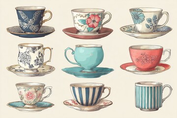 Tea coffee vintage cup set vector illustration. Cartoon vintage teacup collection for english afternoon tea ceremony party or breakfast, retro flower, leaf, stripes hand drawn pattern on cup and mug