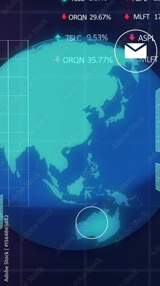 Poster animation of graphs, trading boards and computer language over rotating globe over black background