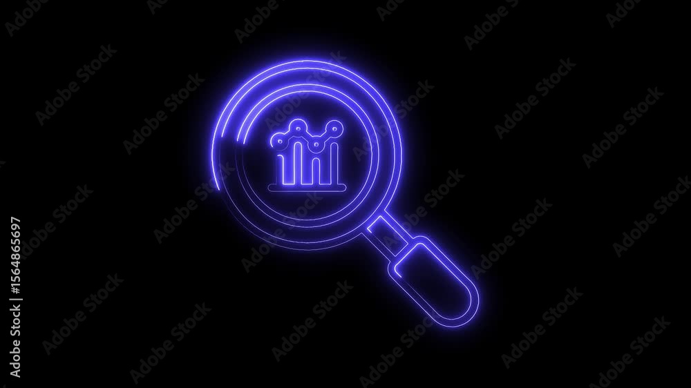 Aufkleber neon magnifying glass with data analysis chart glowing on black background animation