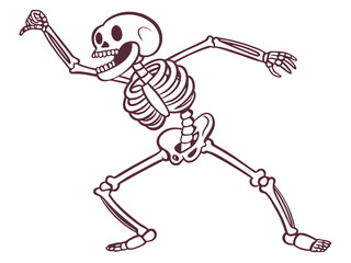 Cartoon skeleton with raised arm and open mouth standing in a playful pose on a white background