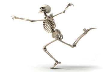 Anatomical skeleton in a dynamic pose with arms outstretched and leg raised on a white background