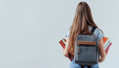 Back View of Student Girl Walking to School Books
