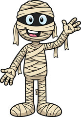Cartoon Mummy Character Waving Front View, Wrapped in Bandages, Fun Halloween Costume Illustration, Cute Spooky Expression, Kids Vector Artwork Design
