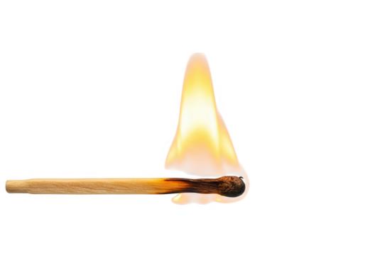 A wooden matchstick with a bright yellow flame burning intensely isolated on transparent background, showcasing the detail of the burning wood
