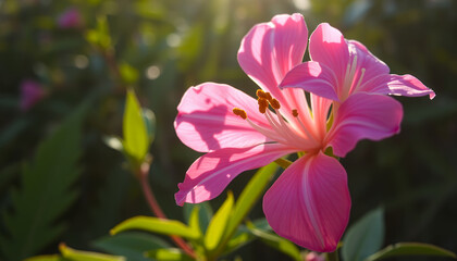 Magische Natur – Rosa Blüte im Traumlicht mit Wasserperlen