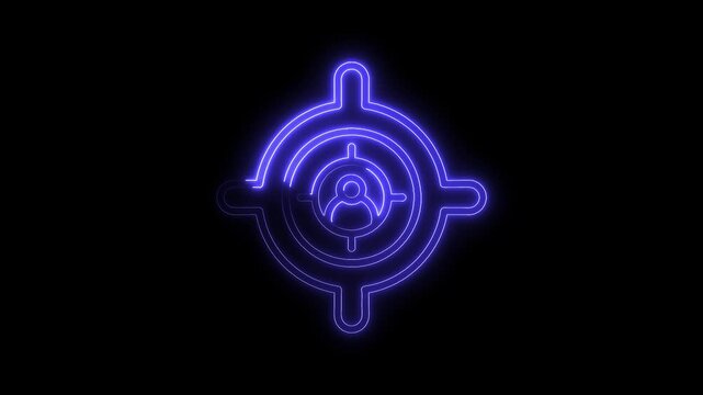 Neon target audience icon animation on black background for business and marketing solutions