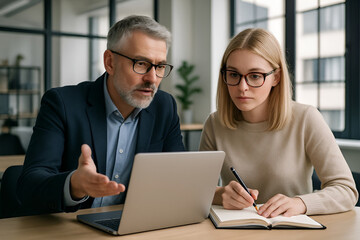 Business mentor guiding young professional in office meeting.