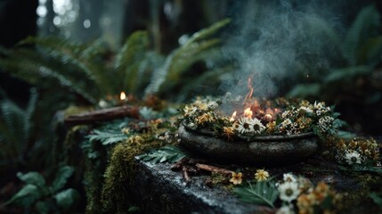 Floral offering with burning incense in a forest setting evokes mystery