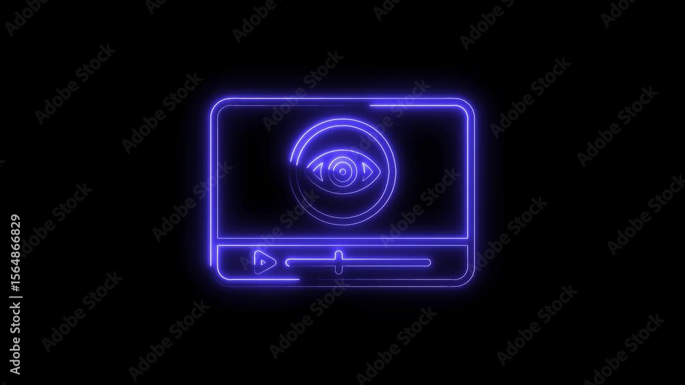 Poster neon style video player interface with play button eye symbol on black background