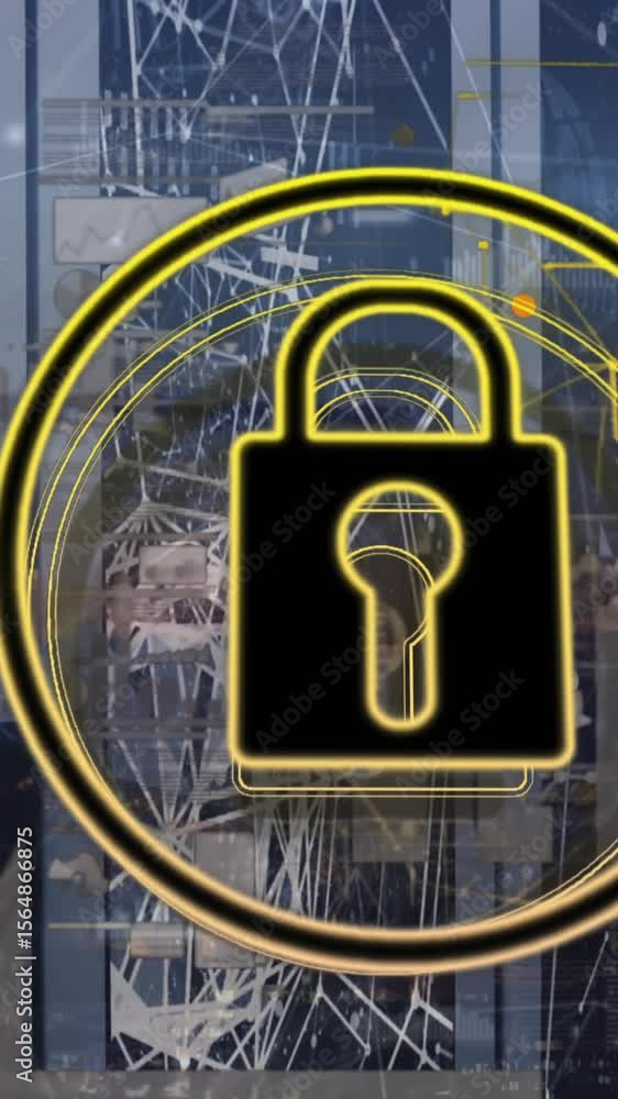 Poster animation of padlock in circles over graphs, connected dots and globe on data server racks