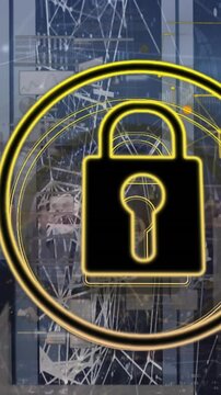 Animation of padlock in circles over graphs, connected dots and globe on data server racks