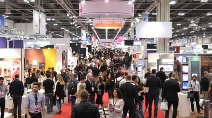 Large crowd of people are seen at a convention, showcasing businesses and technology at an exhibition, with attendees browsing booths