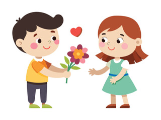 Young boy happily gives a colorful flower to a smiling girl with a red heart above them
