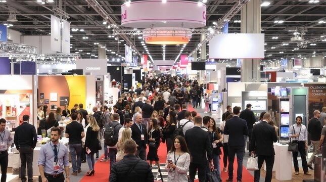 Large crowd of people are seen at a convention, showcasing businesses and technology at an exhibition, with attendees browsing booths