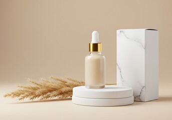 Clean and luxurious serum bottle presentation with a matching marble product box.