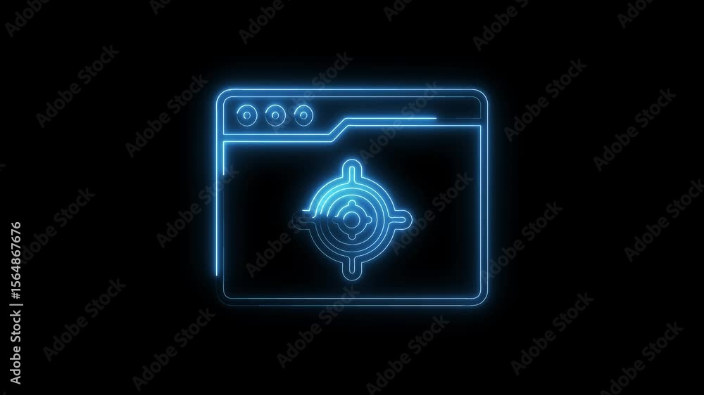 Poster neon web browser with target icon on black background animation technology concept