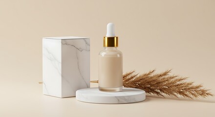 Beauty product photography: a neutral-toned liquid dropper and marbled packaging