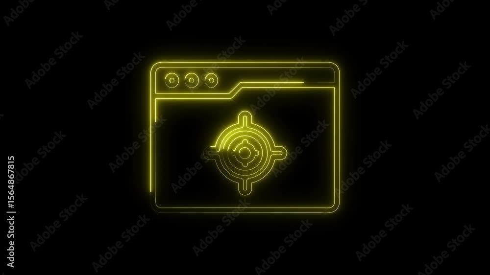 Poster neon website interface with target icon animation on black background,search and discovery