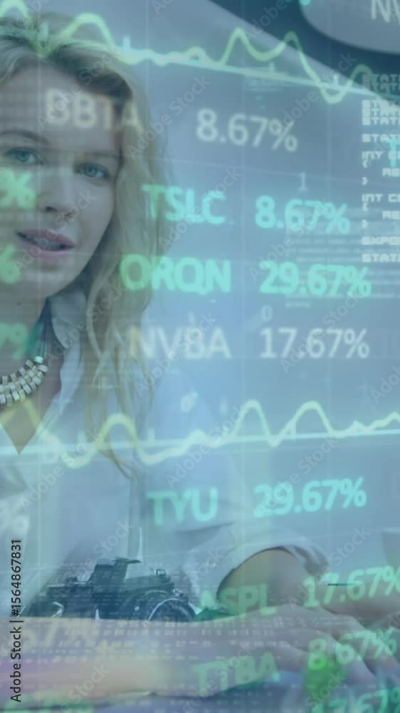 Poster animation of binary codes, computer language and trading board, caucasian woman using laptop