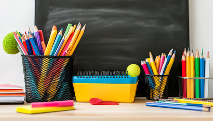 Colorful School Supplies on Table Chalkboard