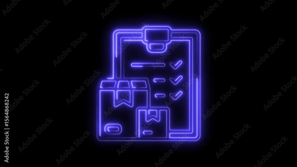 Poster neon delivery boxes with checklist icon on black background showing quality control system