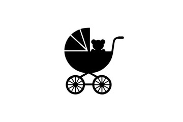 Silhouette of baby stroller with teddy bear inside isolated on transparent background. Vector icon, black pictogram.