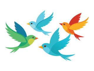 Four stylized cartoon birds in flight with colorful wings and bodies against a white background
