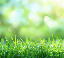 Beautiful blurred spring background with green grass and bokeh, copy space for text, banner design. Spring season nature background with fresh grass field. Green meadow. 