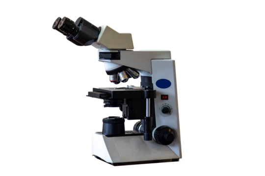 Powerful modern binocular microscope in a scientific laboratory environment