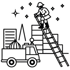 A firefighter climbs a ladder extended from a fire truck beneath a starry night city skyline