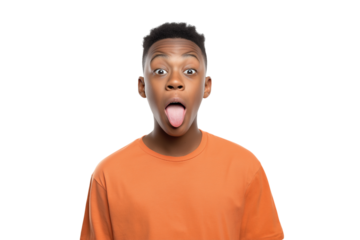 surprised young man with his tongue out isolated on white background