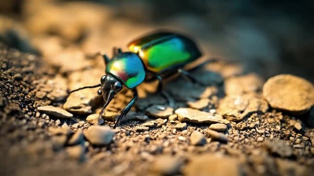 Iridescent Beetle Shimmers Brightly on Sunlit Rocky Terrain